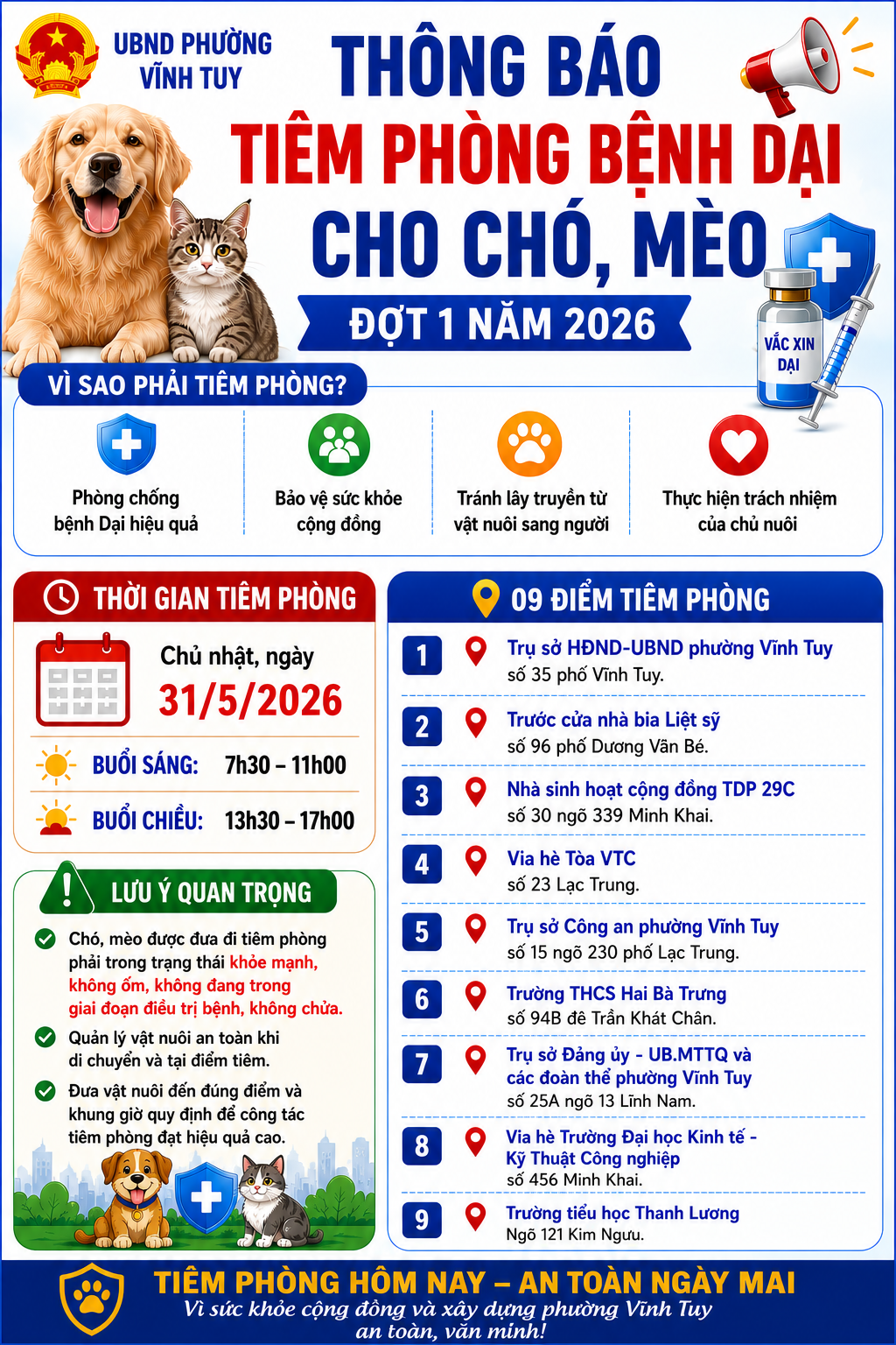 THÔNG BÁO TIÊM PHÒNG BỆNH DẠI CHO CHÓ, MÈO ĐỢT 1 NĂM 2026- Ảnh 1.