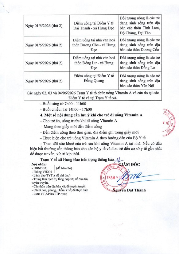 THÔNG BÁO
Về việc tổ chức chiến dịch cho trẻ uống bỗ sung Vitamin A và các hoạt động ngày Vi chất dinh dưỡng trên địa bàn xã Hưng Đạo năm 2026- Ảnh 2.