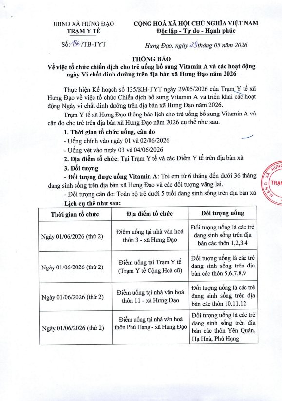 THÔNG BÁO
Về việc tổ chức chiến dịch cho trẻ uống bỗ sung Vitamin A và các hoạt động ngày Vi chất dinh dưỡng trên địa bàn xã Hưng Đạo năm 2026- Ảnh 1.