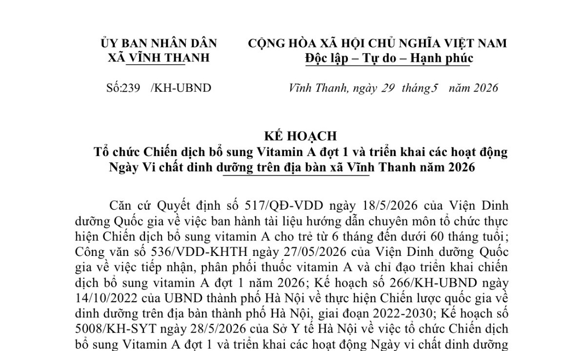 Vĩnh Thanh triển khai Chiến dịch bổ sung Vitamin A đợt 1 và Ngày Vi chất dinh dưỡng năm 2026