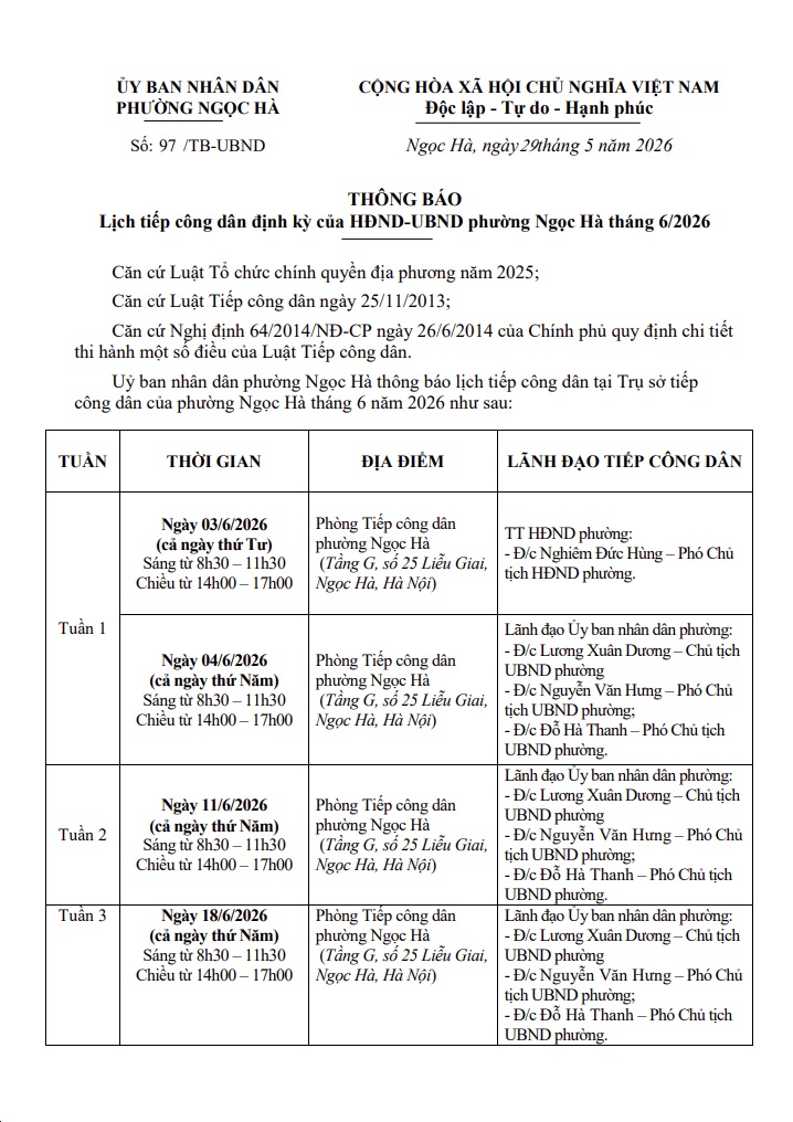Lịch tiếp công dân định kỳ của HĐND-UBND phường Ngọc Hà tháng 6/2026- Ảnh 1.