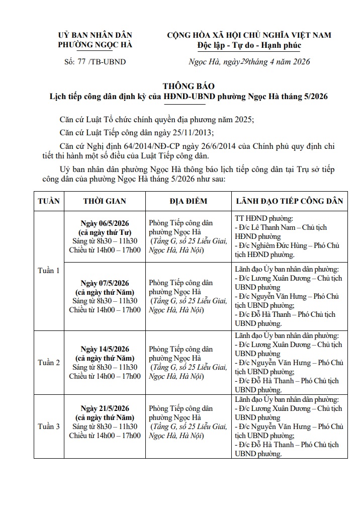 Lịch tiếp công dân định kỳ của HĐND-UBND phường Ngọc Hà tháng 5/2026- Ảnh 1.
