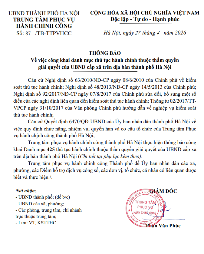 THÔNG BÁO VỀ VIỆC CÔNG KHAI DANH MỤC THỦ TỤC HÀNH CHÍNH THUỘC THẨM QUYỀN GIẢI QUYẾT CỦA UBND CẤP XÃ TRÊN ĐỊA BÀN THÀNH PHỐ HÀ NỘI- Ảnh 1.