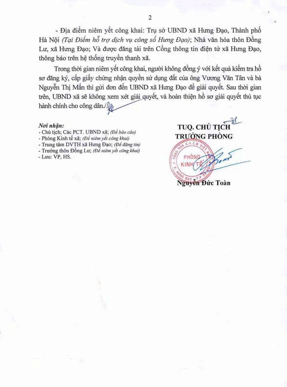 THÔNG BÁO
Về việc niêm yết danh sách công khai kết quả kiểm tra hồ sơ Đăng ký đất đai, tài sản gắn liền với đất, cấp giấy chứng nhận quyền sử dụng đất của ông Vương Văn Tân- Ảnh 2.