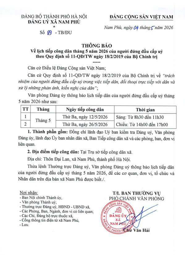 Thông báo số 89-TB/ĐU ngày 04/5/2026 của Đảng ủy xã Nam Phù- Ảnh 1.