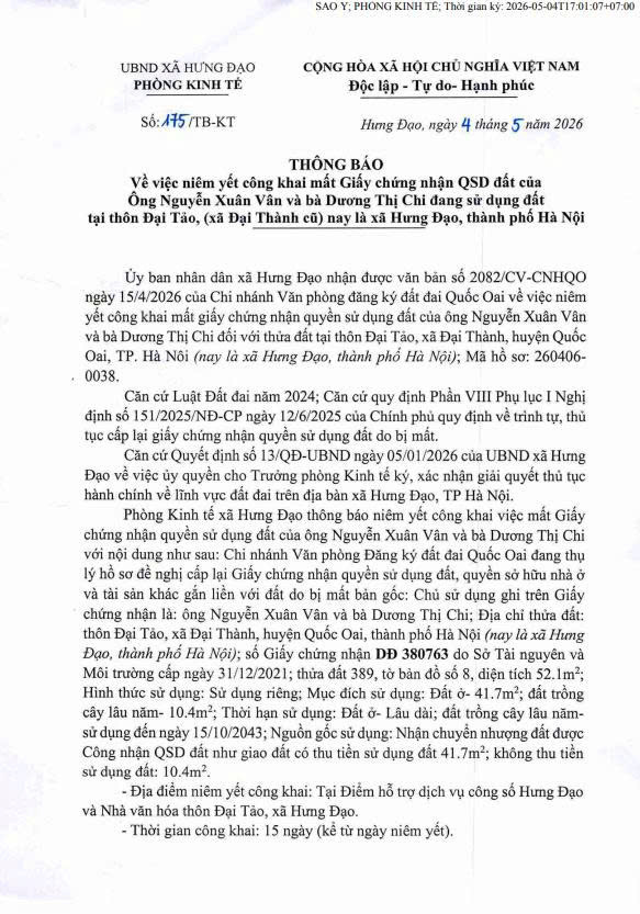 Thông báo về việc niêm yết công khai mất giấy chứng nhận quyền sử dụng đất của ông Nguyễn Xuân Vân- Ảnh 1.