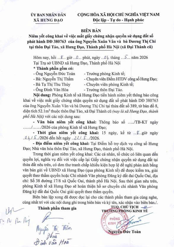 Thông báo về việc niêm yết công khai mất giấy chứng nhận quyền sử dụng đất của ông Nguyễn Xuân Vân- Ảnh 3.