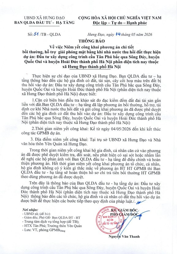 THÔNG BÁO
Về việc niêm yết công khai phương án bồi thường chi tiết bồi thường, hỗ trợ giải phóng mặt bằng khi nhà nước thu hồi đất thực hiện dự án: Đầu tư xây dựng công trình cầu Tân Phú bắc qua Sông Đáy- Ảnh 1.