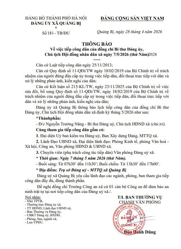 Lịch tiếp công dân của đồng chí Bí thư Đảng ủy, Chủ tịch HĐND xã Quảng Bị ngày 07/5/2026- Ảnh 1.