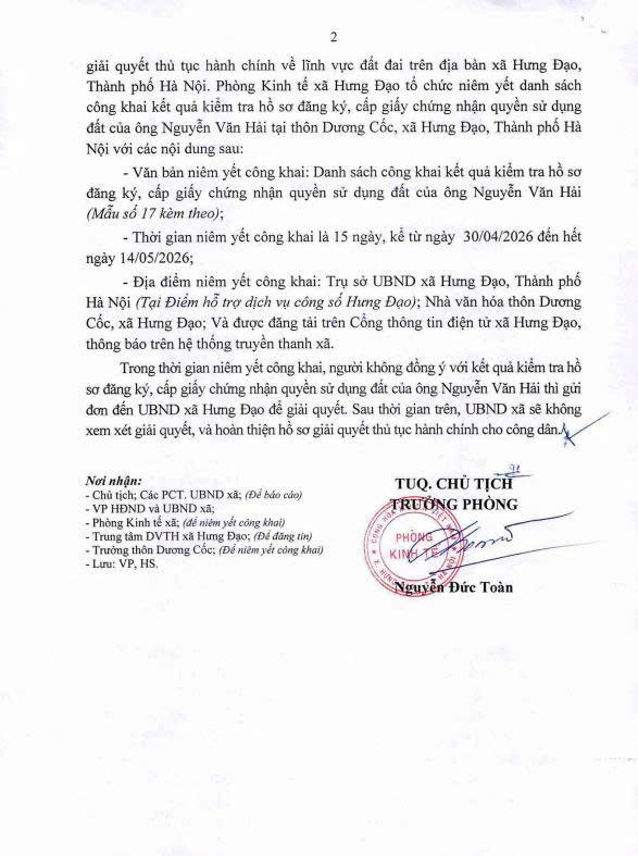 THÔNG BÁO
Về việc niêm yết danh sách công khai kết quả kiểm tra hồ sơ Đăng ký đất đai, tài sản gắn liền với đất, cấp giấy chứng nhận quyền sử dụng đất của ông Nguyễn Văn Hải- Ảnh 2.