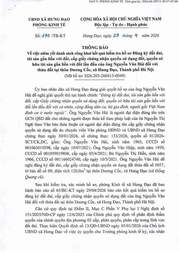 THÔNG BÁO
Về việc niêm yết danh sách công khai kết quả kiểm tra hồ sơ Đăng ký đất đai, tài sản gắn liền với đất, cấp giấy chứng nhận quyền sử dụng đất của ông Nguyễn Văn Hải- Ảnh 1.
