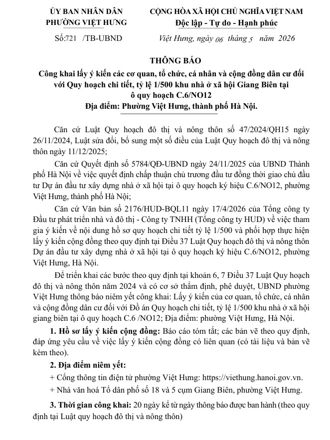THÔNG BÁO: Quy hoạch chi tiết, tỷ lệ 1/500 khu nhà ở xã hội Giang Biên tại ô quy hoạch C.6/NO12
- Ảnh 2.