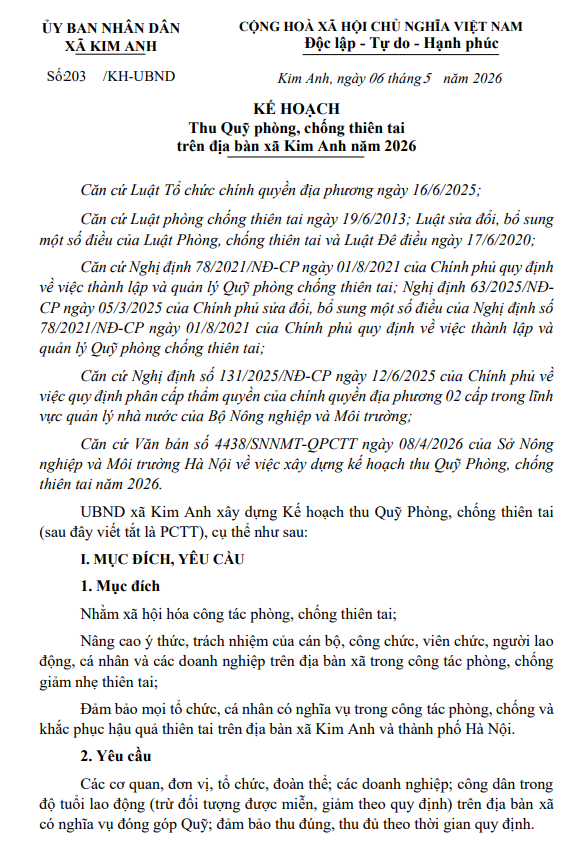 KẾ HOẠCH THU QUỸ PHÒNG CHỐNG THIÊN TAI TRÊN ĐỊA BÀN XÃ KIM ANH NĂM 2026
- Ảnh 1.