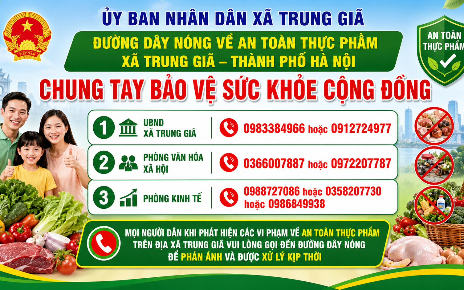 UBND xã Trung Giã công khai số điện thoại đường dây nóng về ATTP trên địa bàn