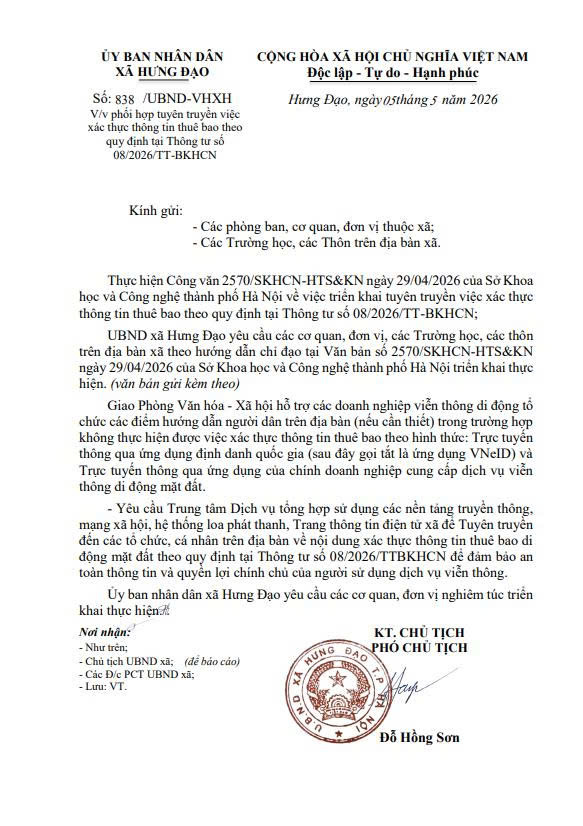 V/v phối hợp tuyên truyền việc xác thực thông tin thuê bao theo quy định tại Thông tư số 08/2026/TT-BKHCN- Ảnh 1.