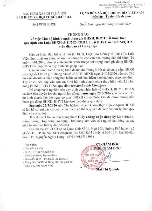 THÔNG BÁO
Về việc Chủ hộ kinh doanh tham gia BHXH, BHYT bắt buộc theo quy định của Luật BHXH số 41/2024/QH15; Luật BHYT số 51/2024/QH15 trên địa bàn xã Hưng Đạo- Ảnh 1.