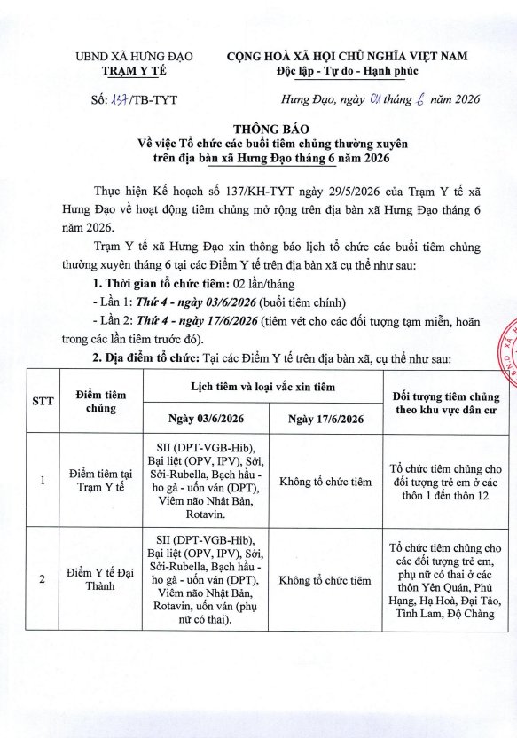 THÔNG BÁO
Về việc Tổ chức các buổi tiêm chủng thường xuyên trên địa bàn xã Hưng Đạo tháng 6 năm 2026- Ảnh 1.