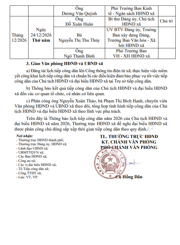 Thông báo lịch tiếp công dân của Chủ tịch Hội đồng nhân dân và đại biểu HĐND xã Kim Anh năm 2026- Ảnh 3.