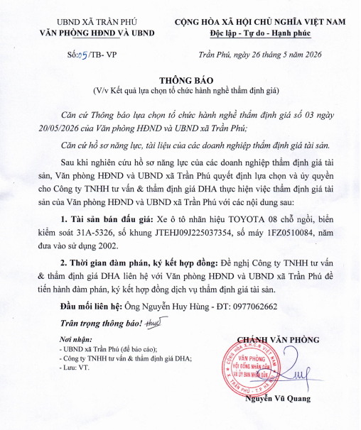 Thông báo kết quả lựa chọn tổ chức hành nghề thẩm định giá- Ảnh 1.