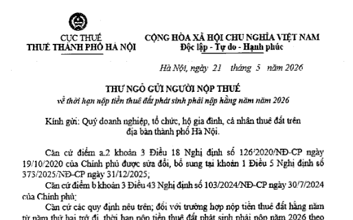 Thư ngỏ gửi người nộp thuế về thời hạn nộp tiền thuê đất phát sinh phải nộp hằng năm năm 2026