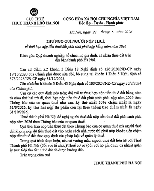 Thư ngỏ gửi người nộp thuế về thời hạn nộp tiền thuê đất phát sinh phải nộp hằng năm năm 2026- Ảnh 1.