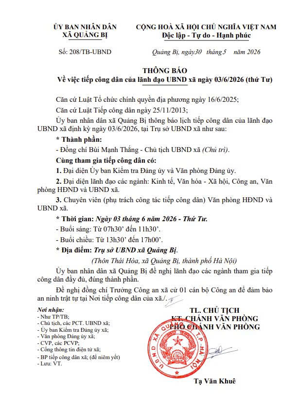 Lịch tiếp công dân của Lãnh đạo UBND xã Quảng Bị ngày 03/6/2026 (thứ Tư)- Ảnh 1.