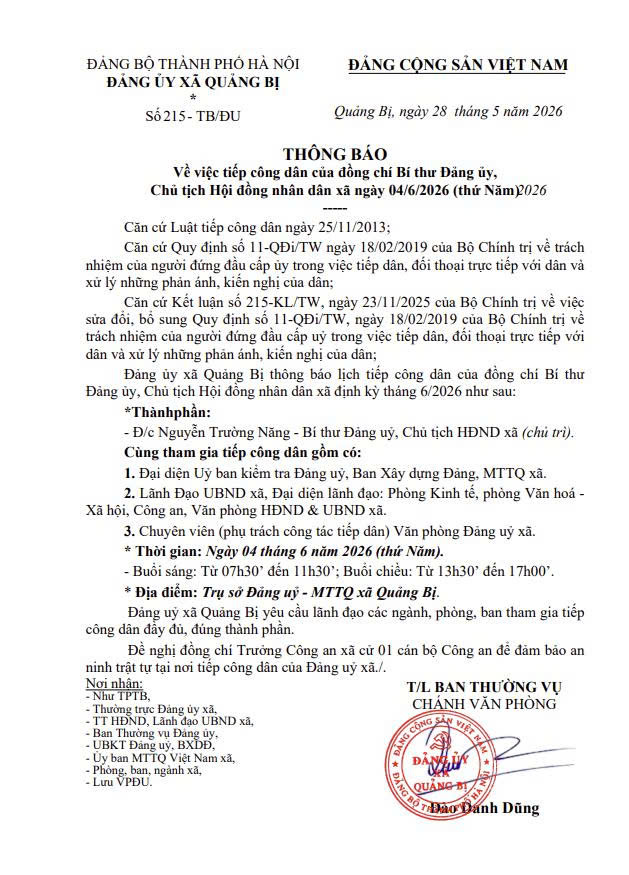 Lịch tiếp công dân của đồng chí Bí thư Đảng ủy, Chủ tịch HĐND xã ngày 04/6/2026 (thứ Năm)- Ảnh 1.