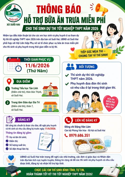 Xã Suối Hai tổ chức hỗ trợ bữa ăn trưa miễn phí cho thí sinh dự thi tốt nghiệp THPT năm 2026- Ảnh 1.