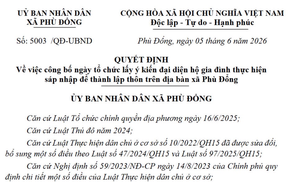 Quyết định Công bố ngày tổ chức lấy ý kiến đại diện hộ gia đình thực hiện sáp nhập để thành lập thôn trên địa bàn xã Phù Đổng