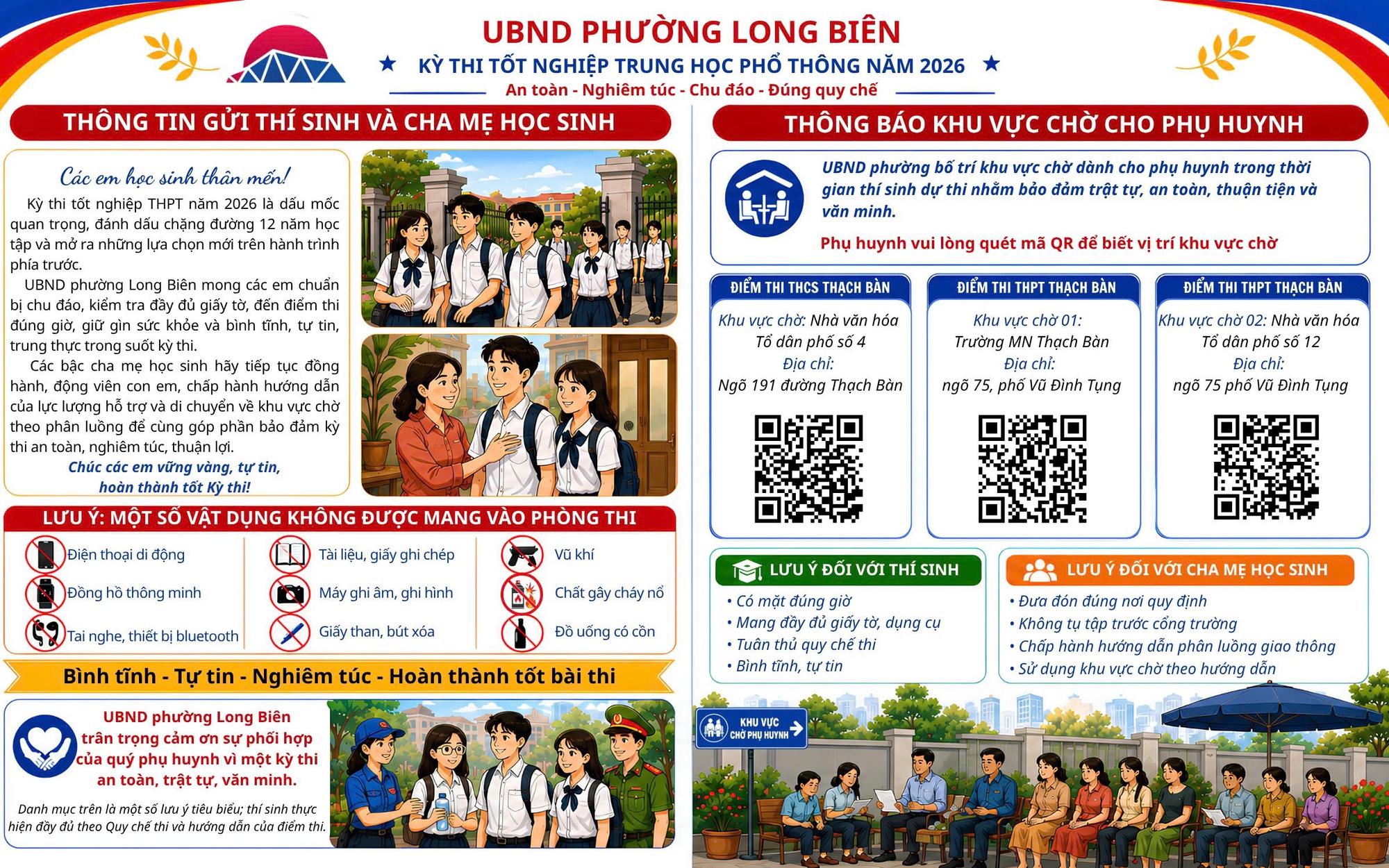 Thông tin về điểm thi và khu vực chờ phụ huynh kỳ thi tốt nghiệp thpt năm 2026