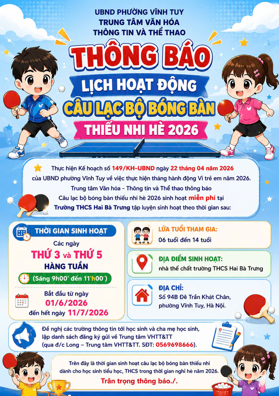 THÔNG BÁO LỊCH HOẠT ĐỘNG CÂU LẠC BỘ BỒNG BÀN THIỂU NHI HÈ 2026- Ảnh 1.