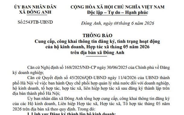 Cung cấp, công khai thông tin đăng ký, tình trạng hoạt động của hộ kinh doanh, hợp tác xã tháng 5 năm 2026