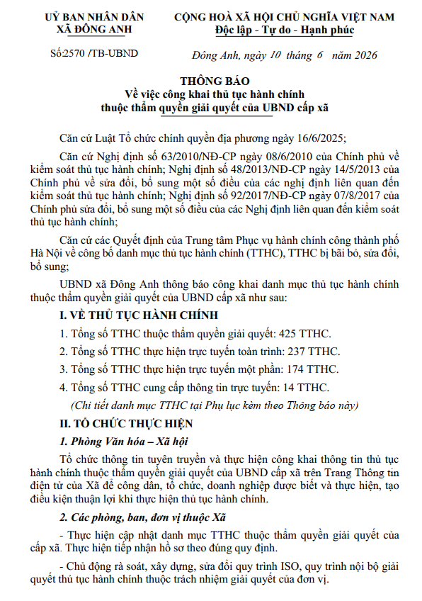 UBND xã Đông Anh công khai thủ tục hành chính thuộc thẩm quyền giải quyết của UBND cấp xã- Ảnh 1.