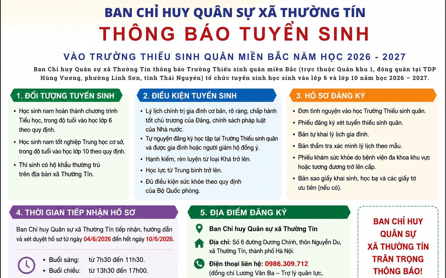 Thông báo tuyển sinh vào trường Thiếu sinh quân Miền Bắc năm học 2026-2027