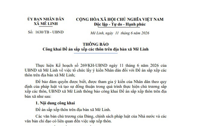 Công khai Đề án sắp xếp các thôn trên địa bàn xã Mê Linh