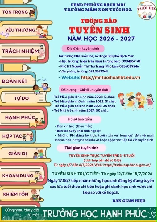 TRƯỜNG MẦM NON TUỔI HOA:
THÔNG BÁO TUYỂN SINH NĂM HỌC 2026 – 2027- Ảnh 1.