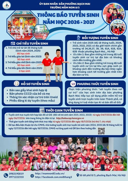 MẦM NON 8/3: THÔNG BÁO TUYỂN SINH NĂM HỌC 2026 – 2027- Ảnh 1.