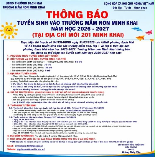 TRƯỜNG MẦM NON MINH KHAI: THÔNG BÁO TUYỂN SINH NĂM HỌC 2026 – 2027- Ảnh 1.