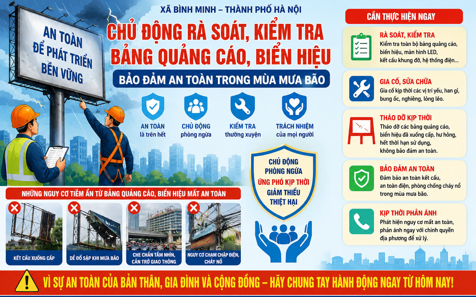 Ảnh minh họa về công tác rà soát, kiểm tra bảng quảng cáo, biển hiệu đảm bảo an toàn trong mùa mưa bão
