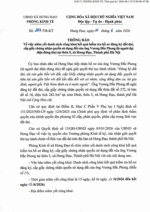 THÔNG BÁO
Về việc niêm yết danh sách công khai kết quả kiểm tra hồ sơ đăng ký đất đai, cấp giấy chúng nhận quyền sử dụng đất của ông Vương Đắc Phong (là người đại diện đứng tên) tại thôn 5, xã Hưng Đạo, Thành phố Hà Nội- Ảnh 1.