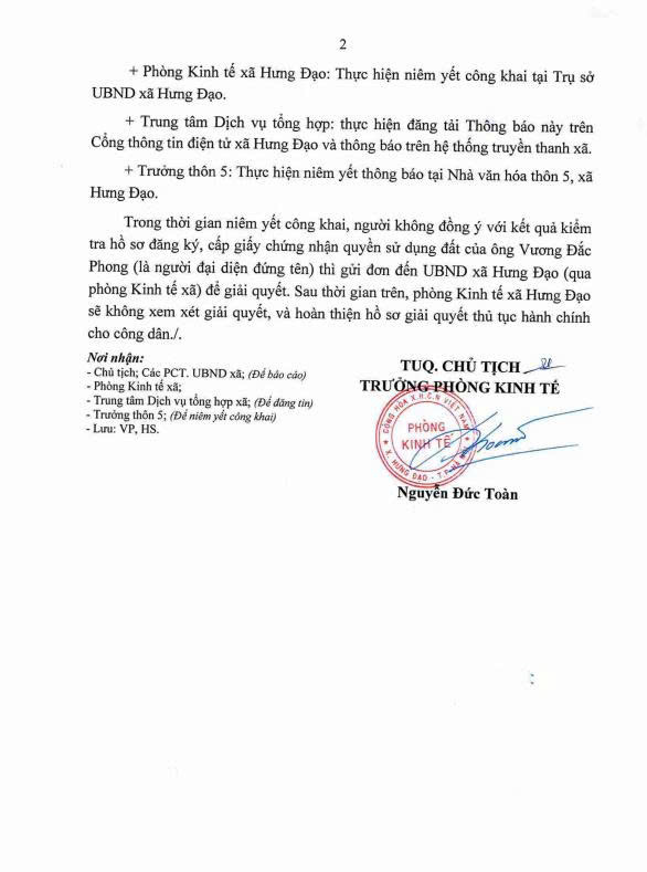 THÔNG BÁO
Về việc niêm yết danh sách công khai kết quả kiểm tra hồ sơ đăng ký đất đai, cấp giấy chúng nhận quyền sử dụng đất của ông Vương Đắc Phong (là người đại diện đứng tên) tại thôn 5, xã Hưng Đạo, Thành phố Hà Nội- Ảnh 2.