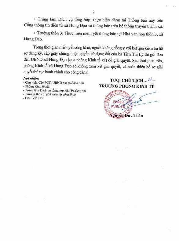 THÔNG BÁO
Về việc niêm yết danh sách công khai kết quả kiểm tra hồ sơ đăng ký đất đai, cấp giấy chúng nhận quyền sử dụng đất của bà Tiến Thị Lý tại thôn 3, xã Hưng Đạo, Thành phố Hà Nội- Ảnh 2.