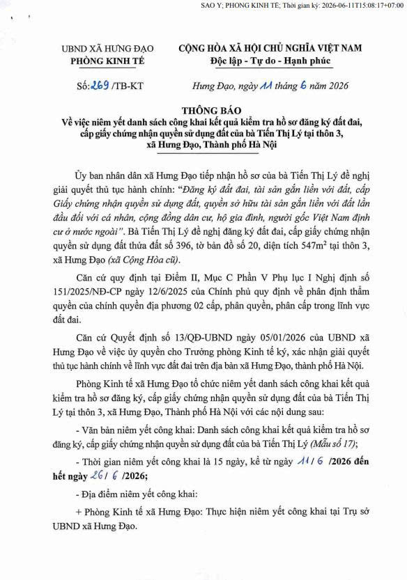 THÔNG BÁO
Về việc niêm yết danh sách công khai kết quả kiểm tra hồ sơ đăng ký đất đai, cấp giấy chúng nhận quyền sử dụng đất của bà Tiến Thị Lý tại thôn 3, xã Hưng Đạo, Thành phố Hà Nội- Ảnh 1.
