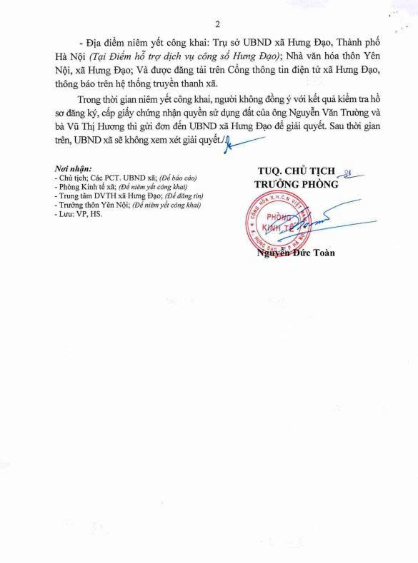 THÔNG BÁO
Về việc niêm yết danh sách công khai kết quả kiểm tra hồ sơ Đăng ký đất đai, TS gắn liền với đất, cấp giấy chứng nhận QSD, QSH TS gắn liền với đất lần đầu của ông Nguyễn Văn Trường và bà Vũ Thị Hương - Ảnh 2.