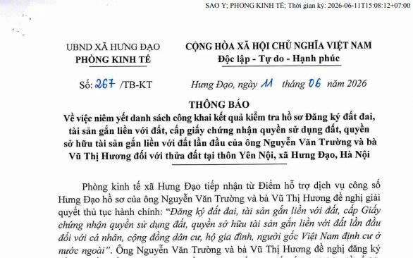 THÔNG BÁO
Về việc niêm yết danh sách công khai kết quả kiểm tra hồ sơ Đăng ký đất đai, TS gắn liền với đất, cấp giấy chứng nhận QSD, QSH TS gắn liền với đất lần đầu của ông Nguyễn Văn Trường và bà Vũ Thị Hương