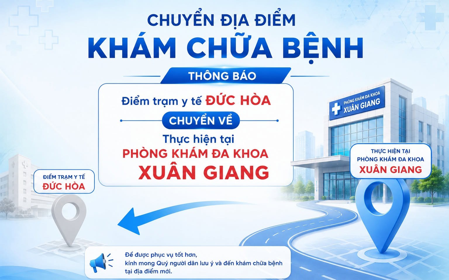 Thông báo chuyển địa điểm cung cấp dịch vụ khám bệnh, chữa bệnh tại Điểm trạm y tế Đức Hòa