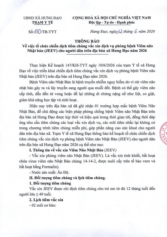 THÔNG BÁO
Về việc tổ chức chiến dịch tiêm chủng vắc xin dịch vụ phòng bệnh Viêm não Nhật bản (JEEV) cho người dân trên địa bàn xã Hưng Đạo năm 2026- Ảnh 1.