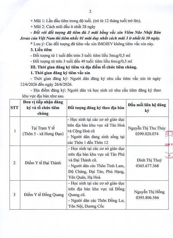 THÔNG BÁO
Về việc tổ chức chiến dịch tiêm chủng vắc xin dịch vụ phòng bệnh Viêm não Nhật bản (JEEV) cho người dân trên địa bàn xã Hưng Đạo năm 2026- Ảnh 2.