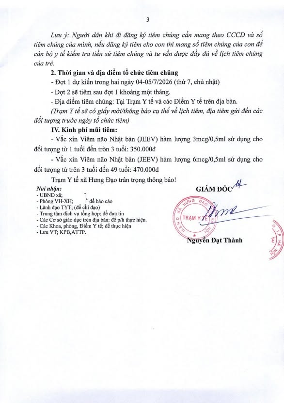 THÔNG BÁO
Về việc tổ chức chiến dịch tiêm chủng vắc xin dịch vụ phòng bệnh Viêm não Nhật bản (JEEV) cho người dân trên địa bàn xã Hưng Đạo năm 2026- Ảnh 3.