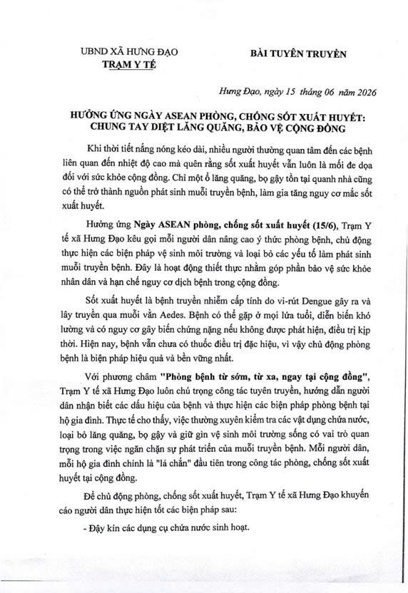HƯỞNG ỨNG NGÀY ASEAN PHÒNG, CHỐNG SÓT XUÁT HUYẾT: CHUNG TAY DIỆT LĂNG QUĂNG, BẢO VỆ CỘNG ĐỒNG- Ảnh 1.